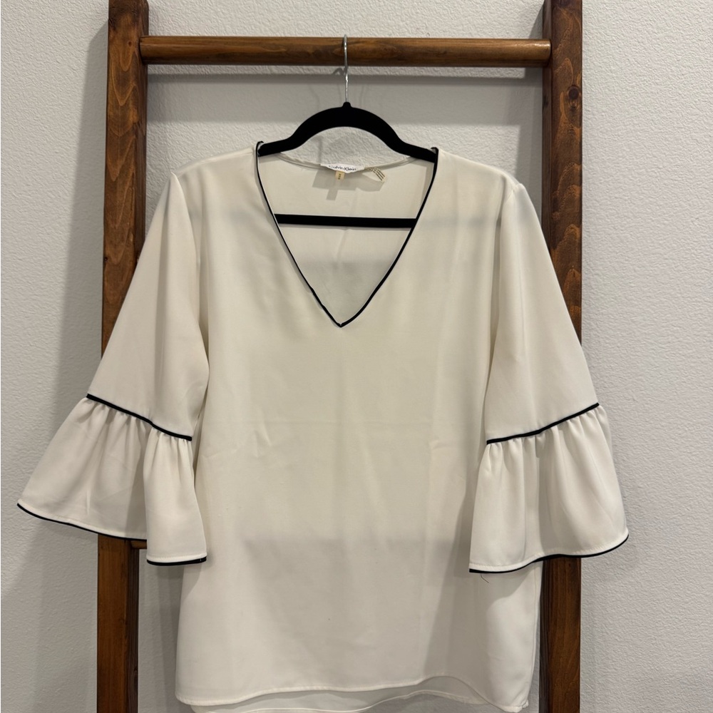 Calvin Klein Ivory V-Neck Bell Sleeve Blouse with Black Piping